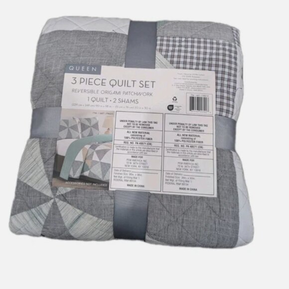 Origami Pieced Modern Patchwork 3-piece Quilt Set Queen Size - Picture 8 of 8